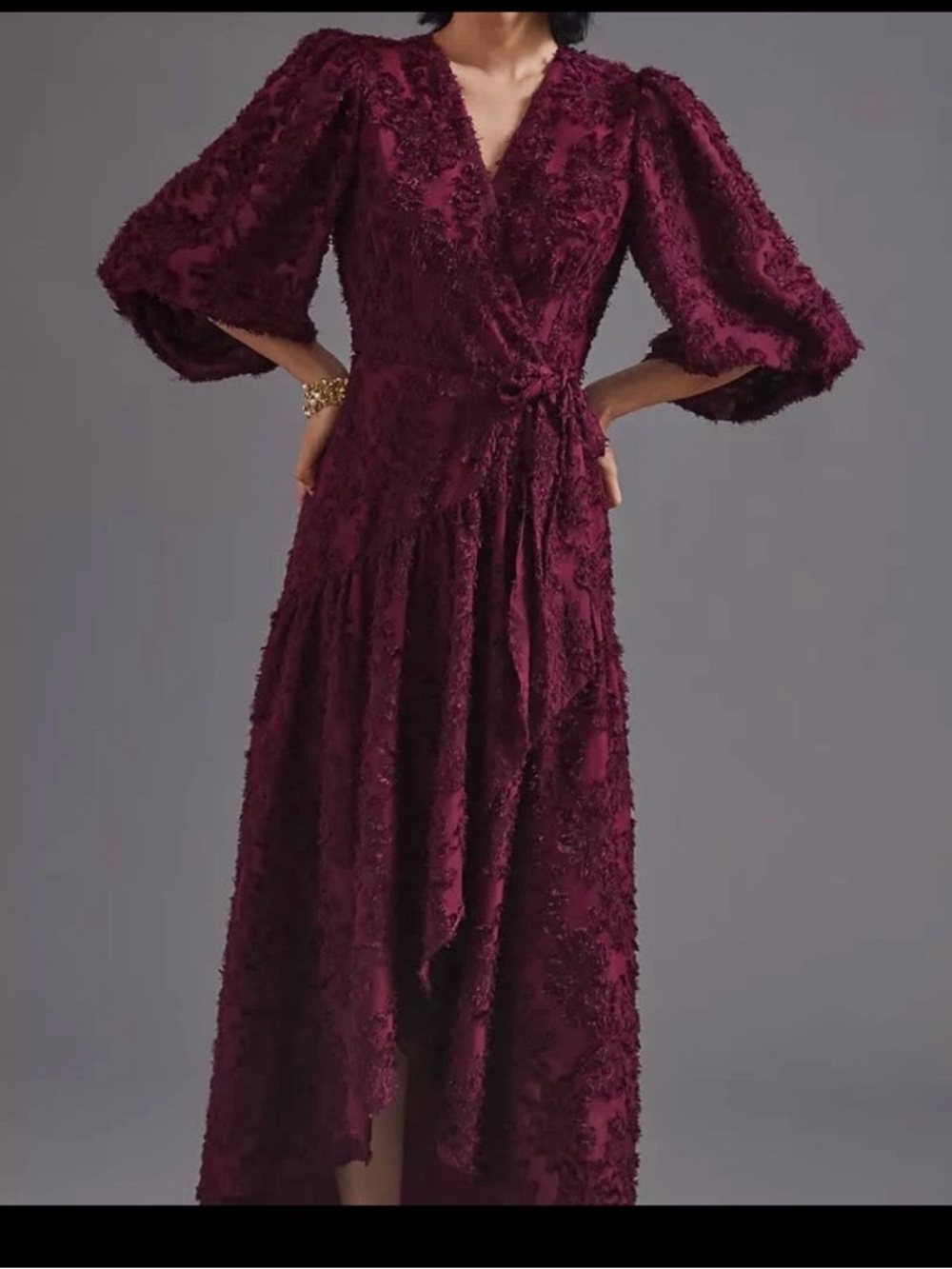Anthropologie Wine Burgundy Textured Wrap Midi Dress